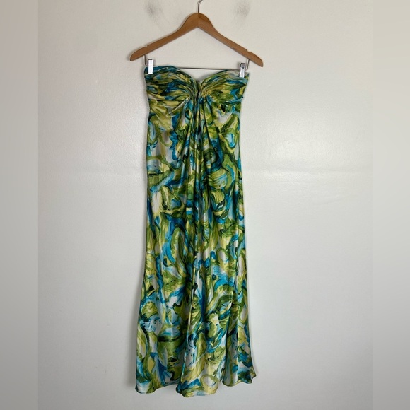 Laundry By Shelly Segal 90s Y2K Satin Strapless Maxi Dress Sz 2 Silky Green Blue - Picture 4 of 11